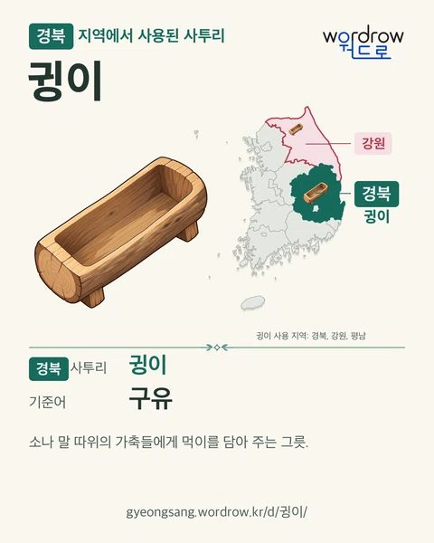 경북 지역에서 사용된 사투리 ‘귕이’. 기준어: 구유. 기록 지역을 표시한 카툰 삽화와 지도 카드.