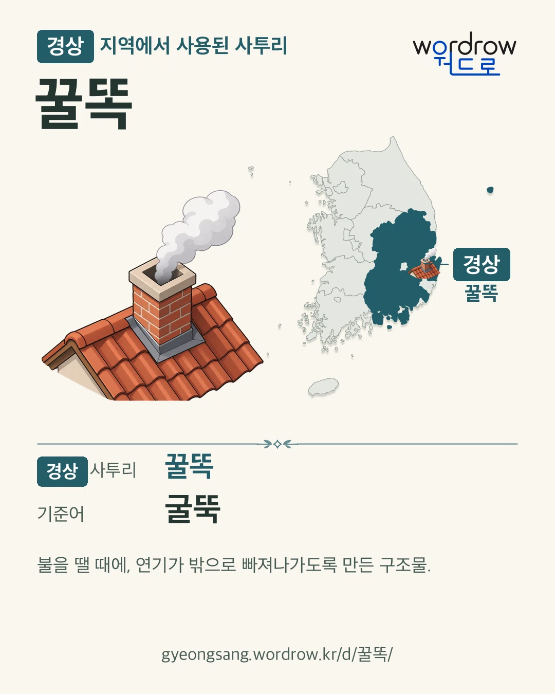 경상 지역에서 사용된 사투리 ‘꿀똑’. 기준어: 굴뚝. 기록 지역을 표시한 카툰 삽화와 지도 카드.