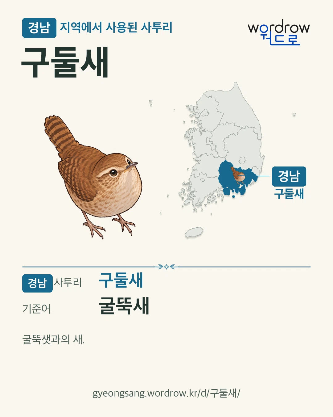 경남 지역에서 사용된 사투리 ‘구둘새’. 기준어: 굴뚝새. 기록 지역을 표시한 카툰 삽화와 지도 카드.