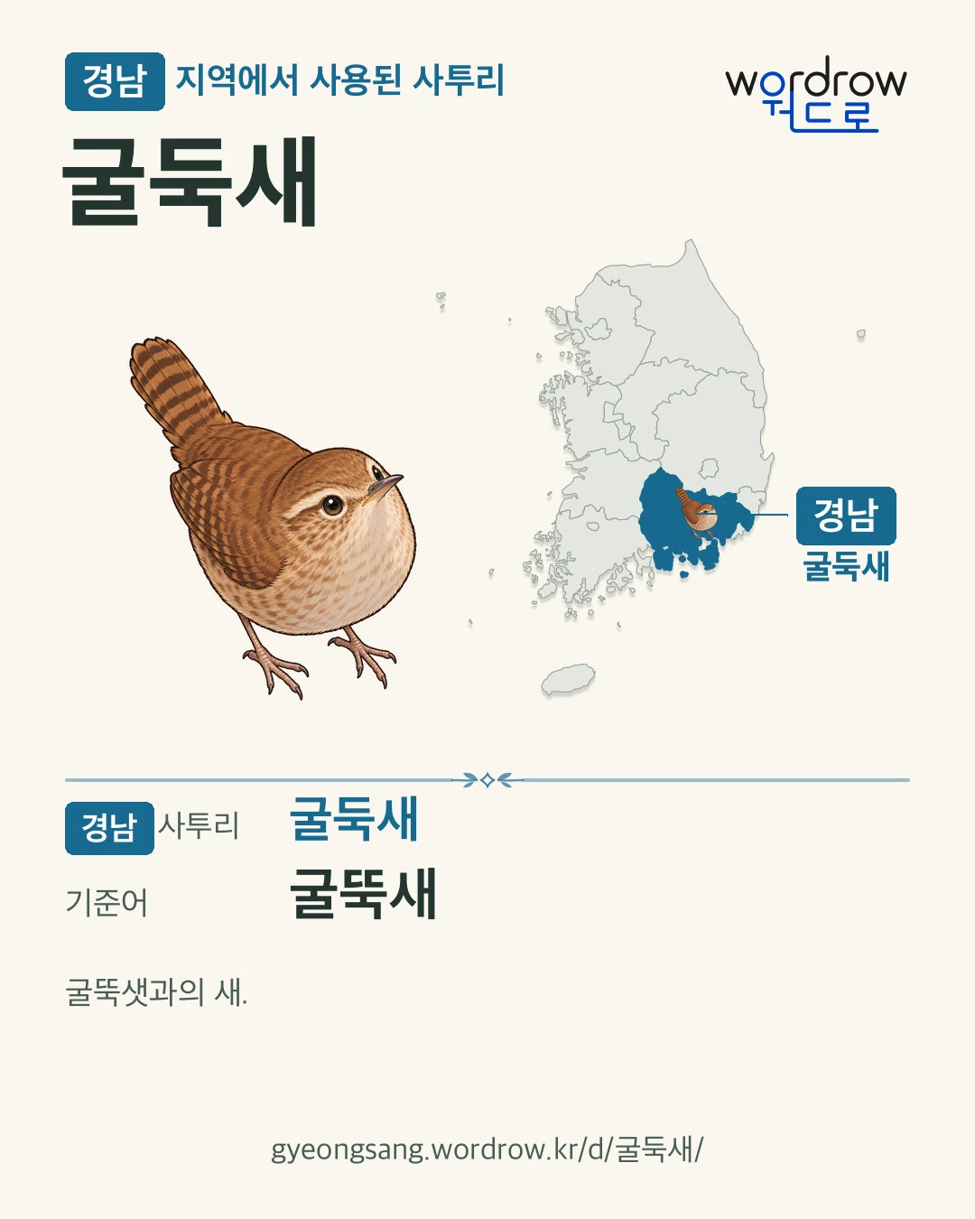 경남 지역에서 사용된 사투리 ‘굴둑새’. 기준어: 굴뚝새. 기록 지역을 표시한 카툰 삽화와 지도 카드.