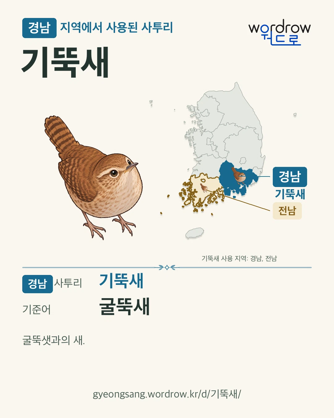 경남 지역에서 사용된 사투리 ‘기뚝새’. 기준어: 굴뚝새. 기록 지역을 표시한 카툰 삽화와 지도 카드.