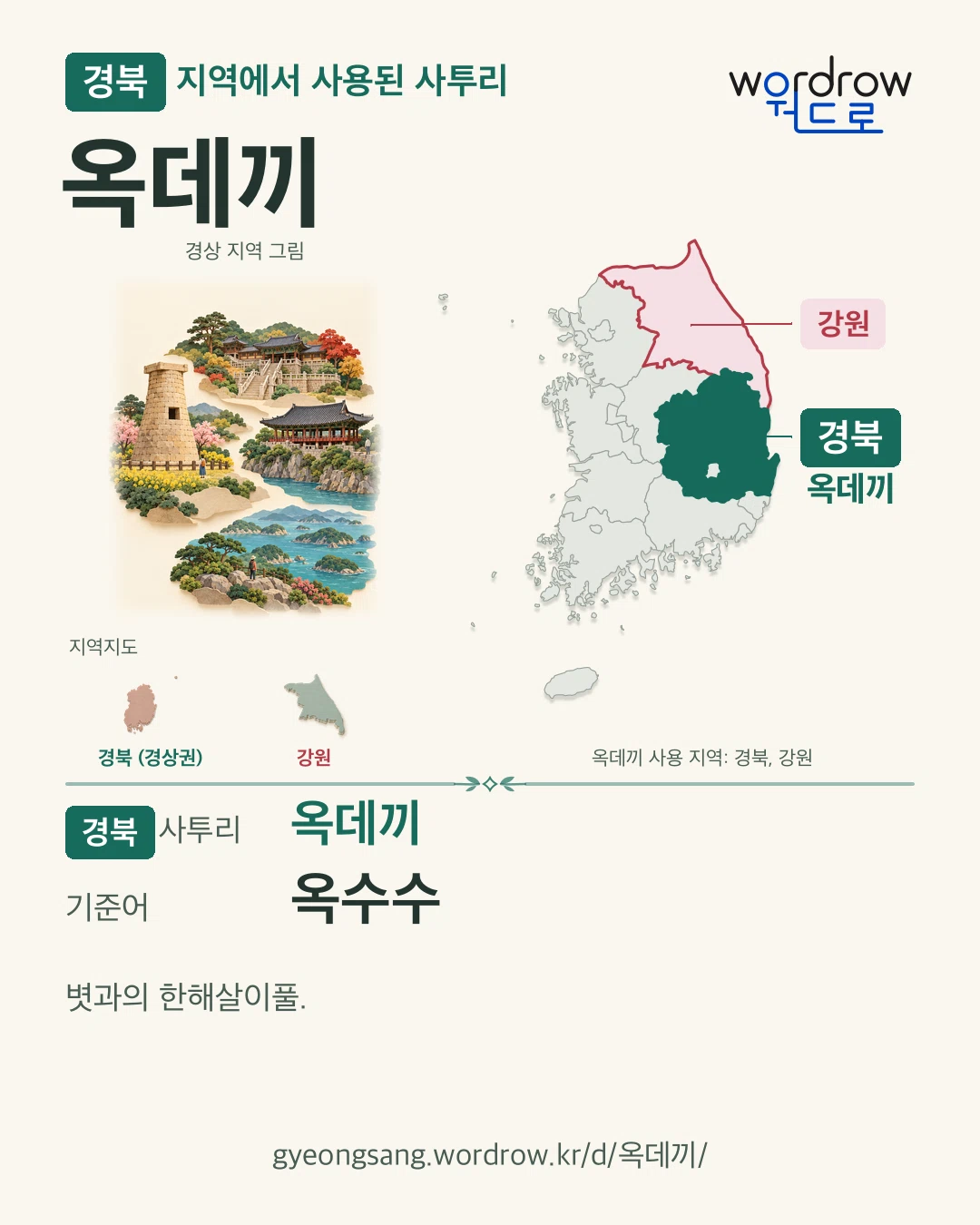 경북 지역에서 사용된 사투리 ‘옥데끼’. 기준어: 옥수수. 기록 지역을 표시한 지역 그림과 지도 카드.