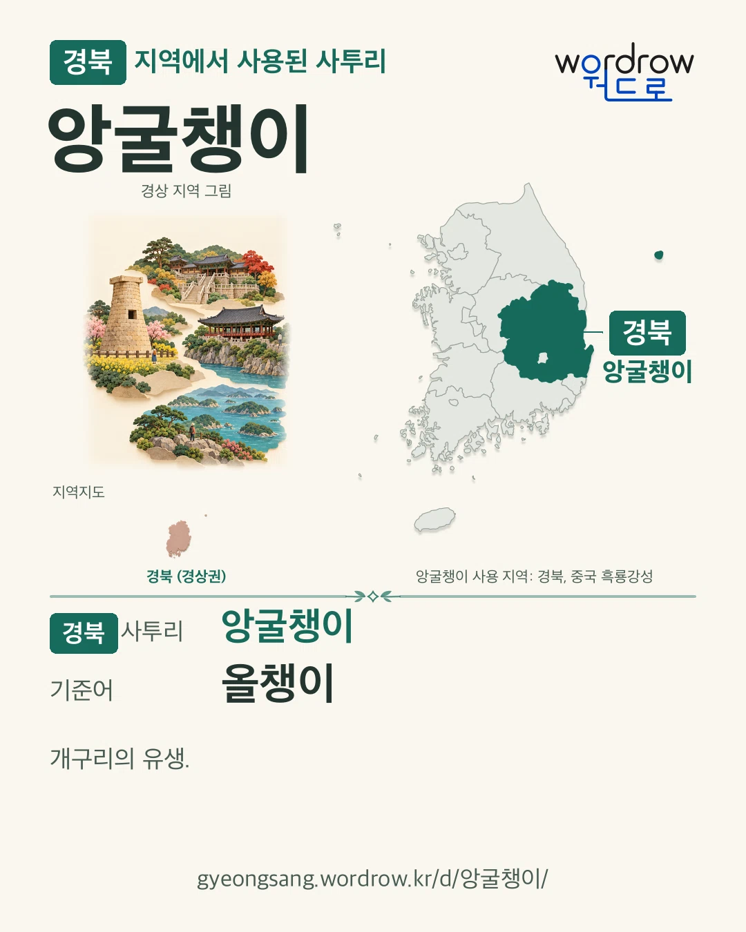 경북 지역에서 사용된 사투리 ‘앙굴챙이’. 기준어: 올챙이. 기록 지역을 표시한 지역 그림과 지도 카드.