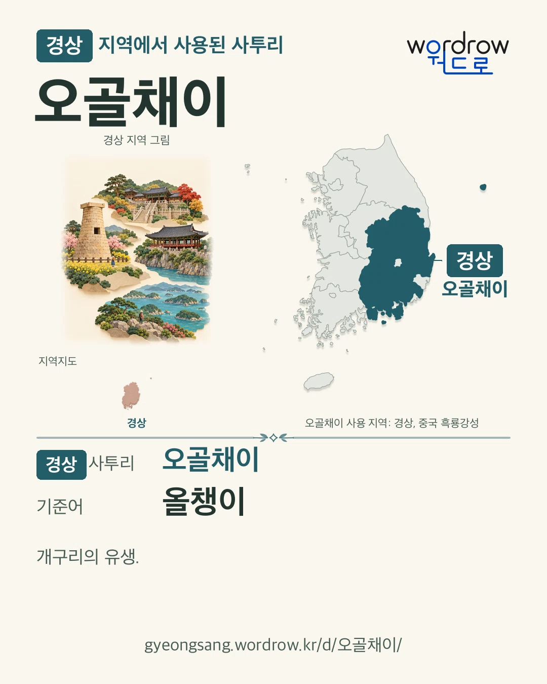 경상 지역에서 사용된 사투리 ‘오골채이’. 기준어: 올챙이. 기록 지역을 표시한 지역 그림과 지도 카드.