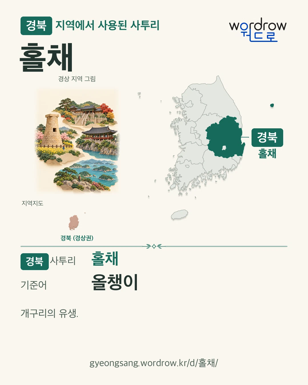 경북 지역에서 사용된 사투리 ‘홀채’. 기준어: 올챙이. 기록 지역을 표시한 지역 그림과 지도 카드.