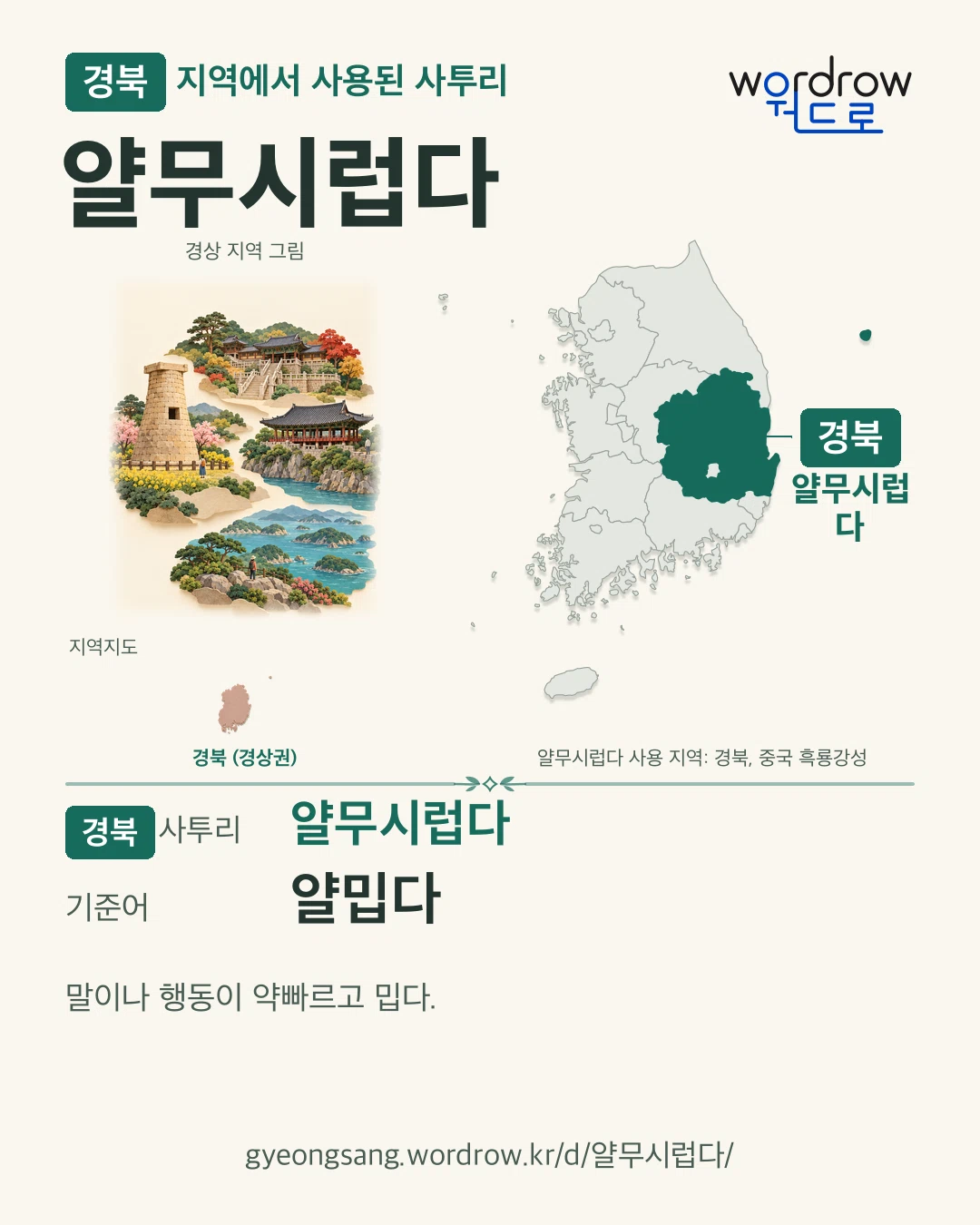 경북 지역에서 사용된 사투리 ‘얄무시럽다’. 기준어: 얄밉다. 기록 지역을 표시한 지역 그림과 지도 카드.