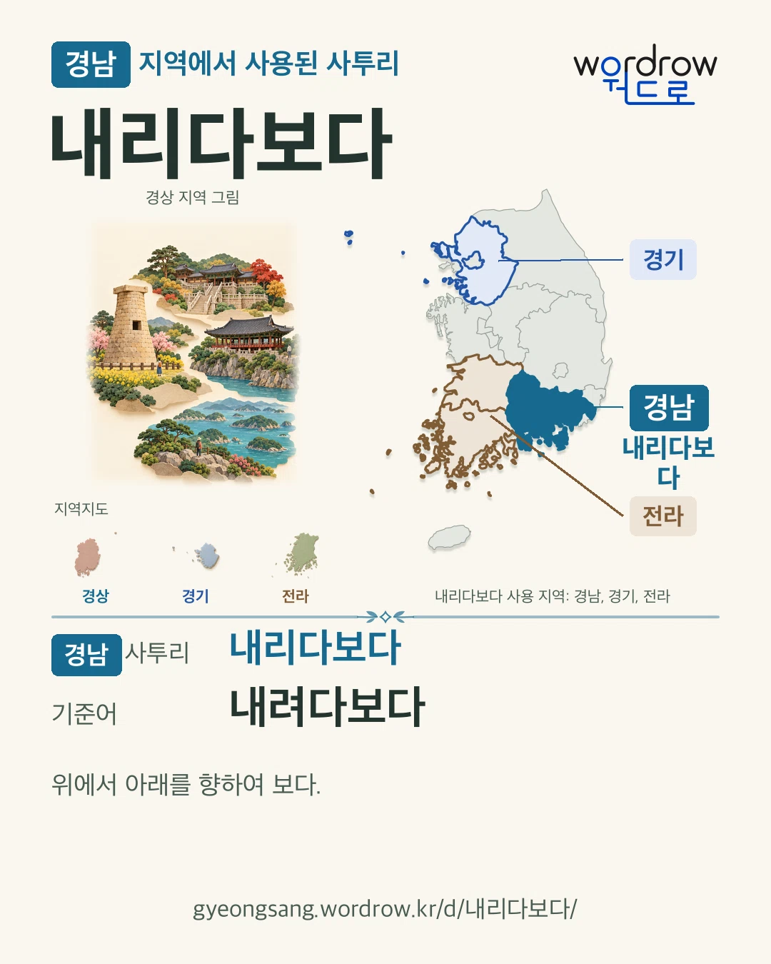 경남 지역에서 사용된 사투리 ‘내리다보다’. 기준어: 내려다보다. 기록 지역을 표시한 지역 그림과 지도 카드.