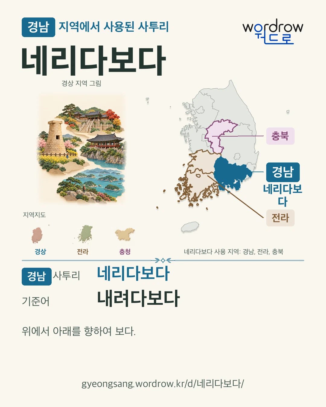 경남 지역에서 사용된 사투리 ‘네리다보다’. 기준어: 내려다보다. 기록 지역을 표시한 지역 그림과 지도 카드.