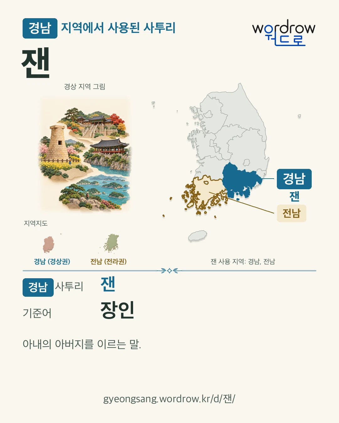 경남 지역에서 사용된 사투리 ‘잰’. 기준어: 장인. 기록 지역을 표시한 지역 그림과 지도 카드.