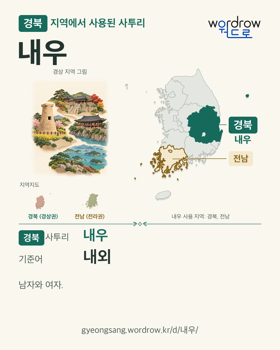 경북 지역에서 사용된 사투리 ‘내우’. 기준어: 내외. 기록 지역을 표시한 지역 그림과 지도 카드.