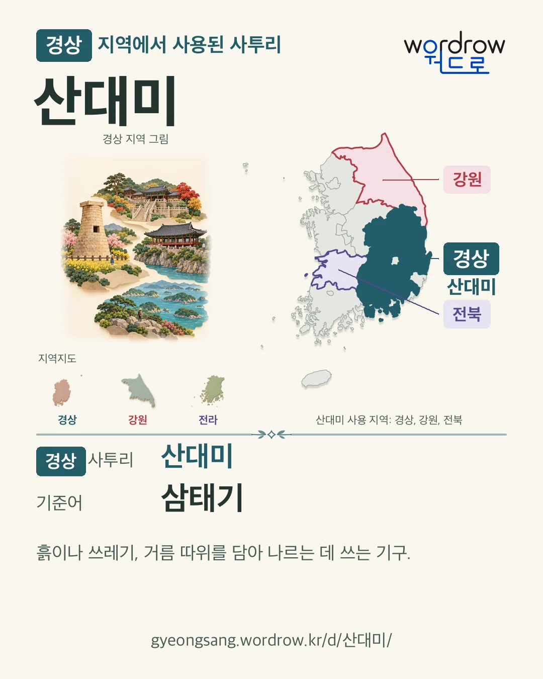 경상 지역에서 사용된 사투리 ‘산대미’. 기준어: 삼태기. 기록 지역을 표시한 지역 그림과 지도 카드.