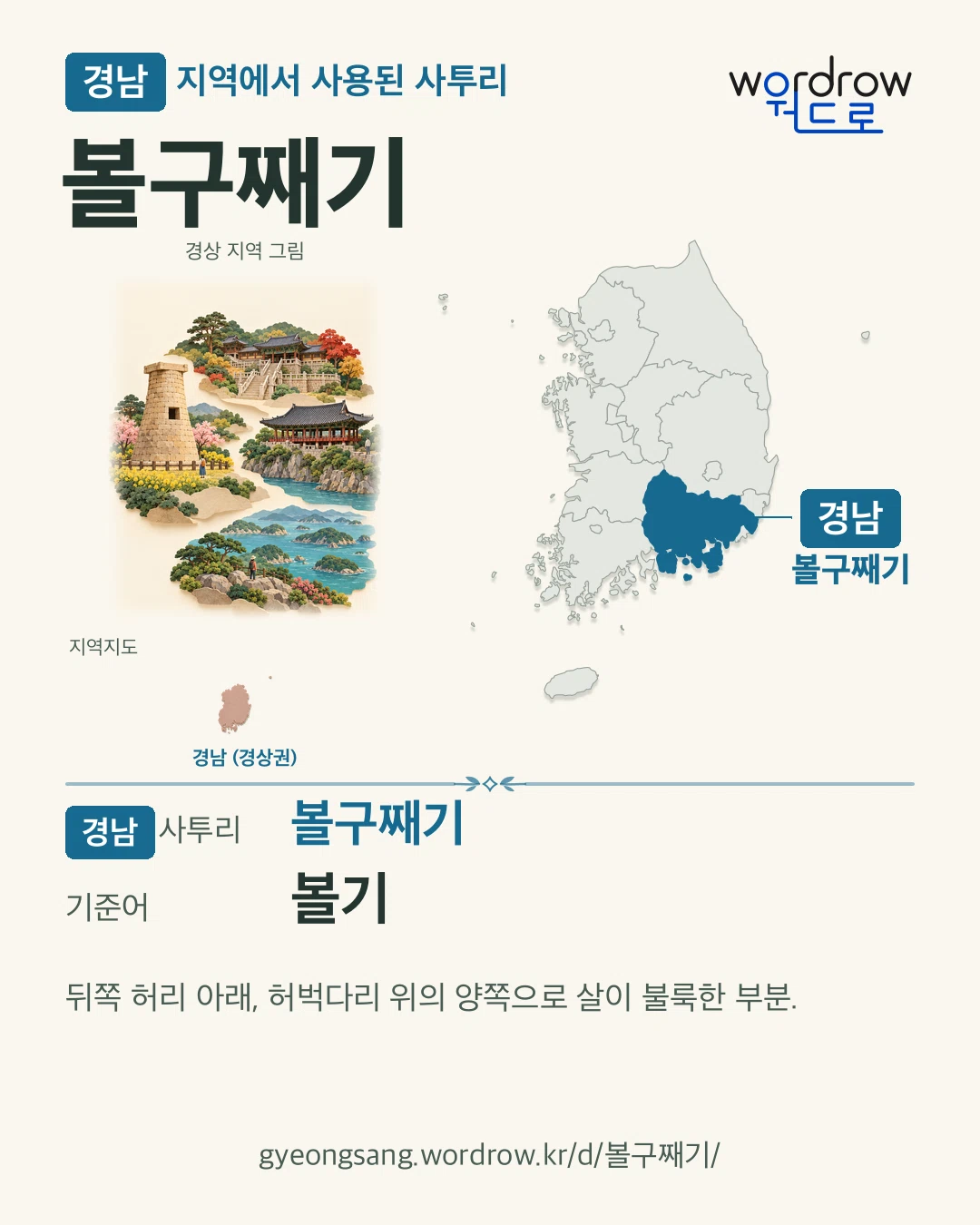 경남 지역에서 사용된 사투리 ‘볼구째기’. 기준어: 볼기. 기록 지역을 표시한 지역 그림과 지도 카드.