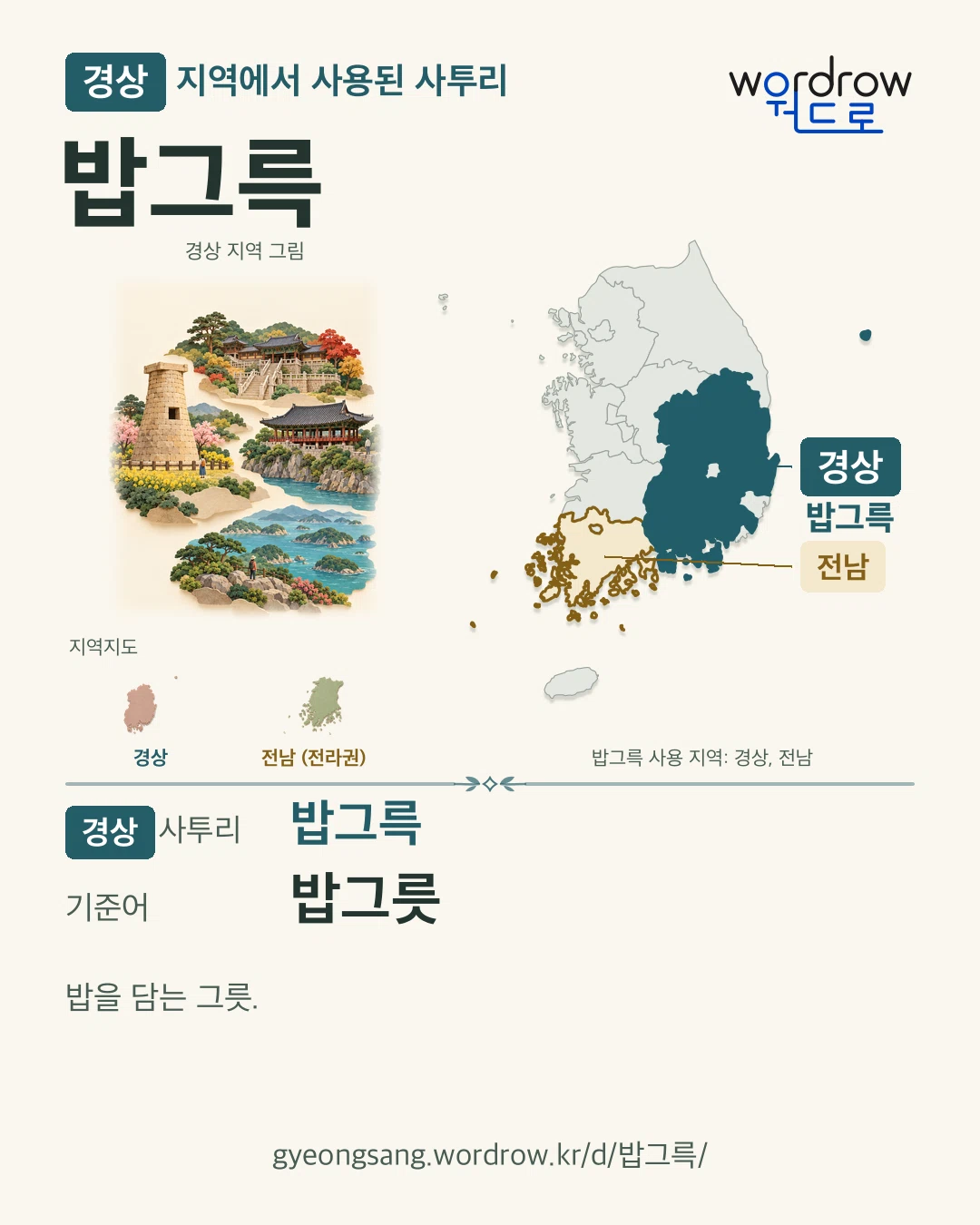 경상 지역에서 사용된 사투리 ‘밥그륵’. 기준어: 밥그릇. 기록 지역을 표시한 지역 그림과 지도 카드.