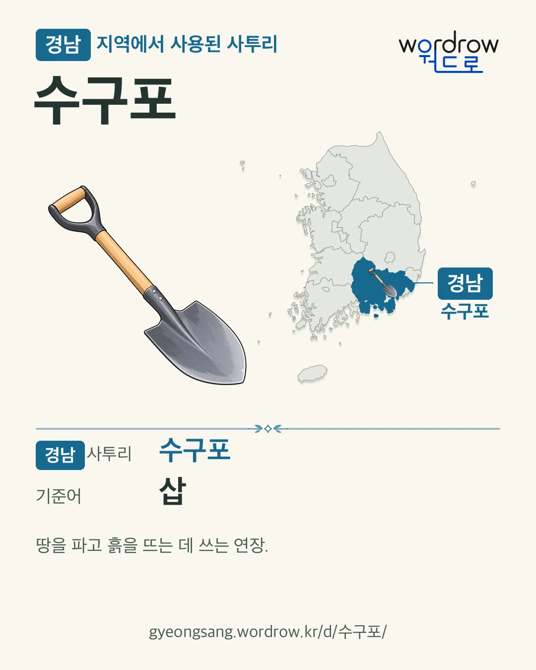경남 지역에서 사용된 사투리 ‘수구포’. 기준어: 삽. 기록 지역을 표시한 카툰 삽화와 지도 카드.