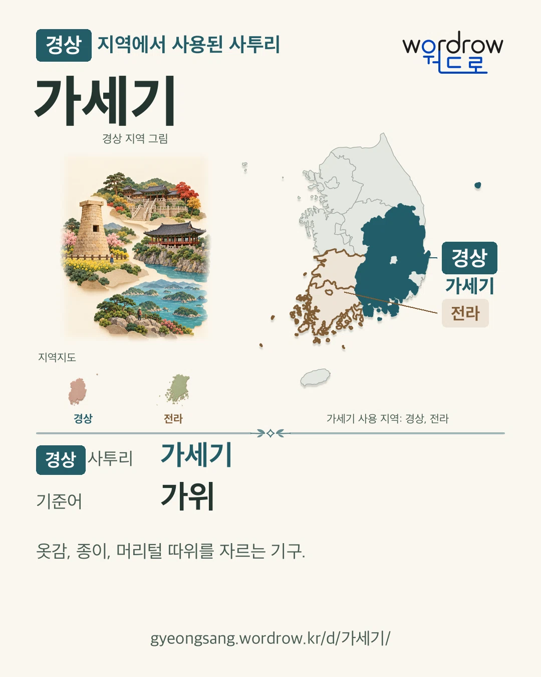 경상 지역에서 사용된 사투리 ‘가세기’. 기준어: 가위. 기록 지역을 표시한 지역 그림과 지도 카드.