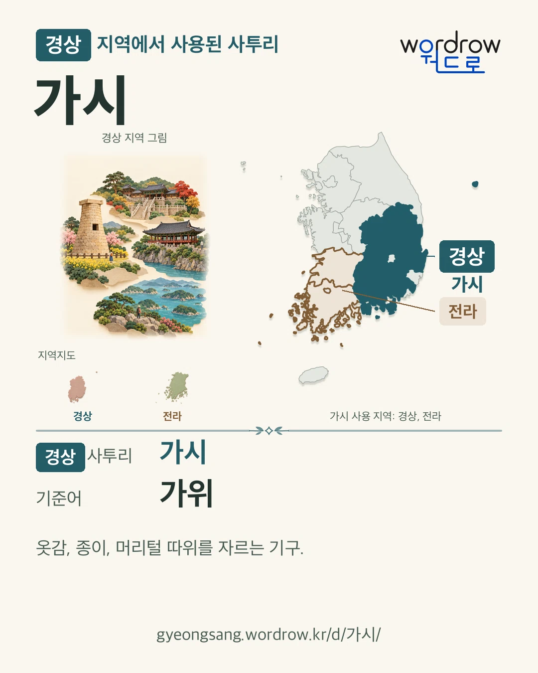 경상 지역에서 사용된 사투리 ‘가시’. 기준어: 가위. 기록 지역을 표시한 지역 그림과 지도 카드.