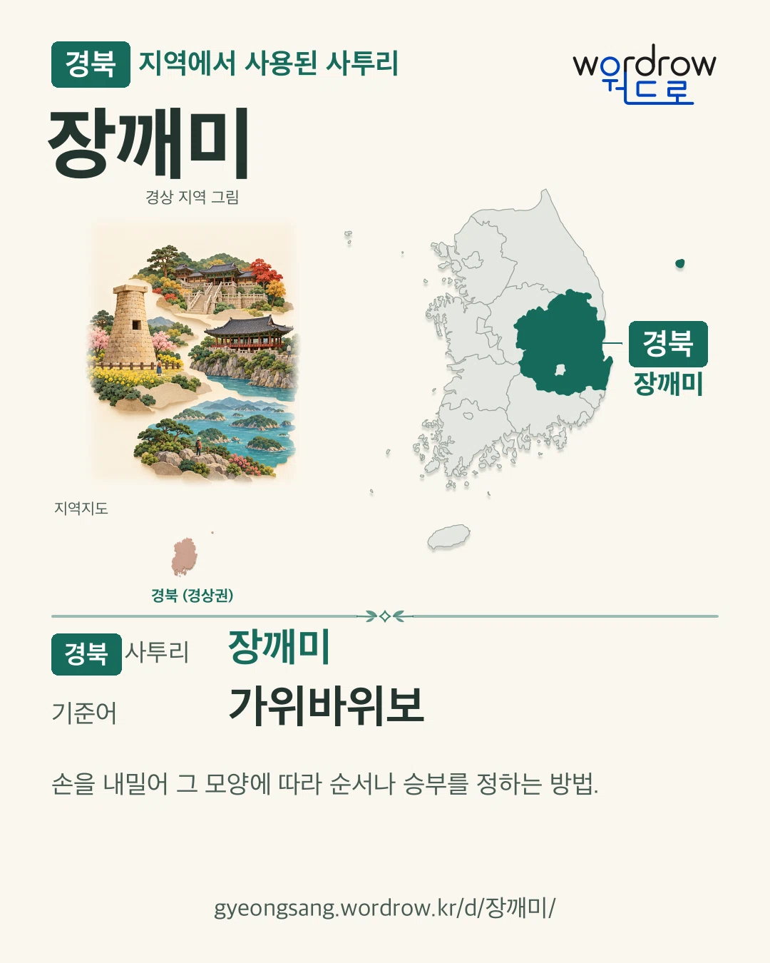 경북 지역에서 사용된 사투리 ‘장깨미’. 기준어: 가위바위보. 기록 지역을 표시한 지역 그림과 지도 카드.
