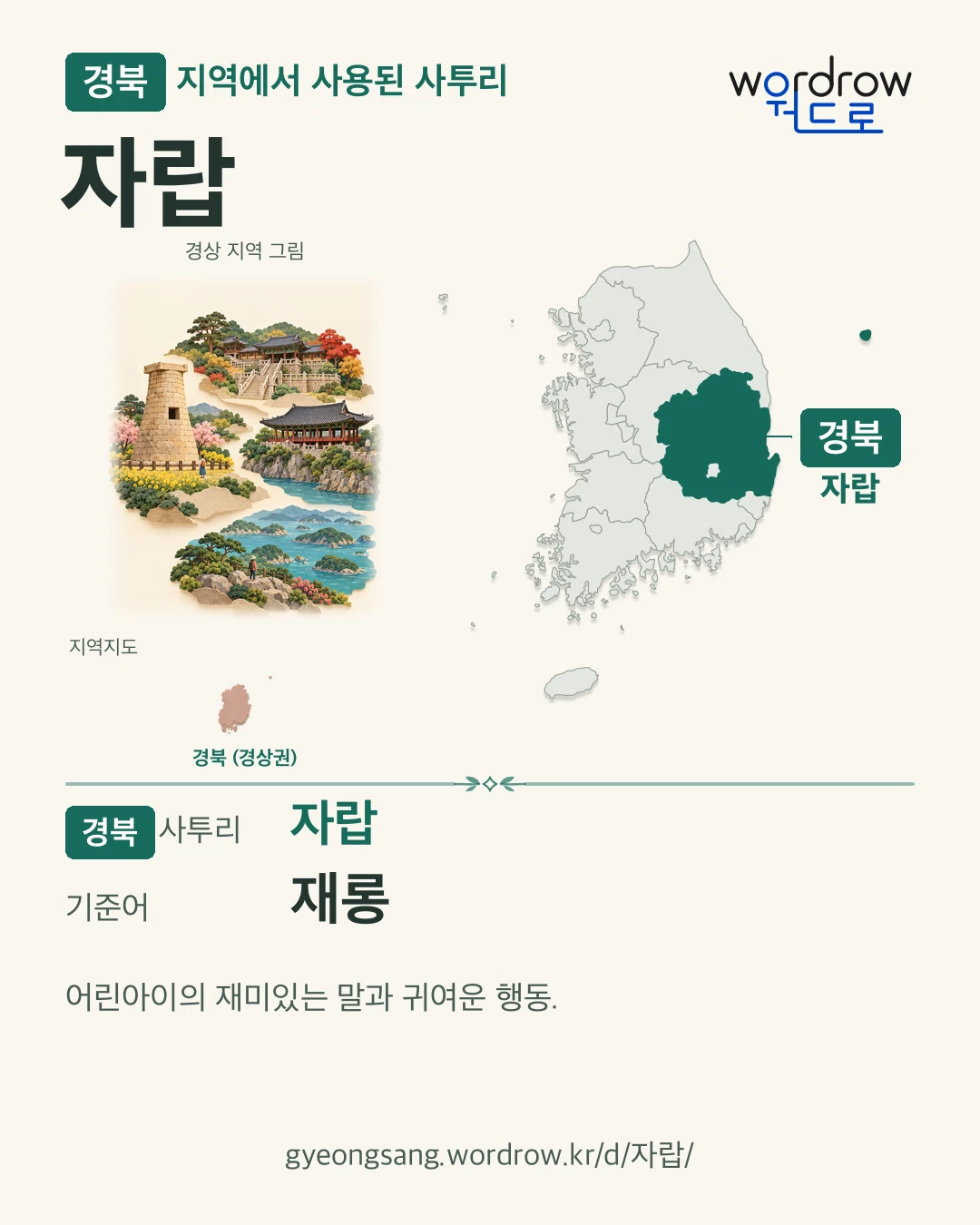 경북 지역에서 사용된 사투리 ‘자랍’. 기준어: 재롱. 기록 지역을 표시한 지역 그림과 지도 카드.