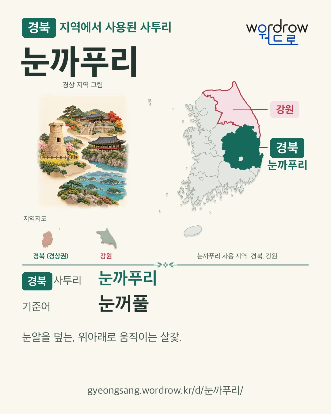 경북 지역에서 사용된 사투리 ‘눈까푸리’. 기준어: 눈꺼풀. 기록 지역을 표시한 지역 그림과 지도 카드.