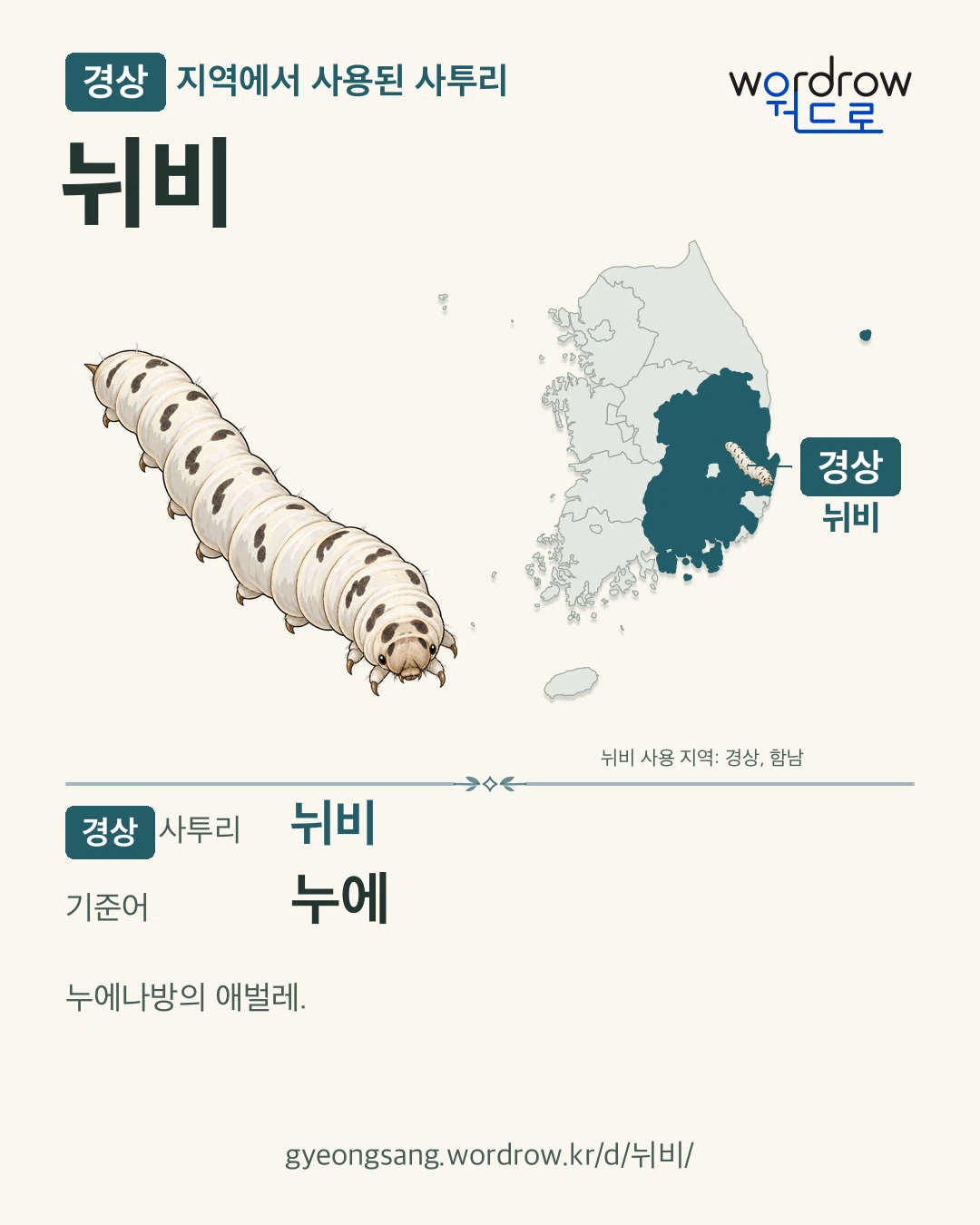 경상 지역에서 사용된 사투리 ‘뉘비’. 기준어: 누에. 기록 지역을 표시한 카툰 삽화와 지도 카드.