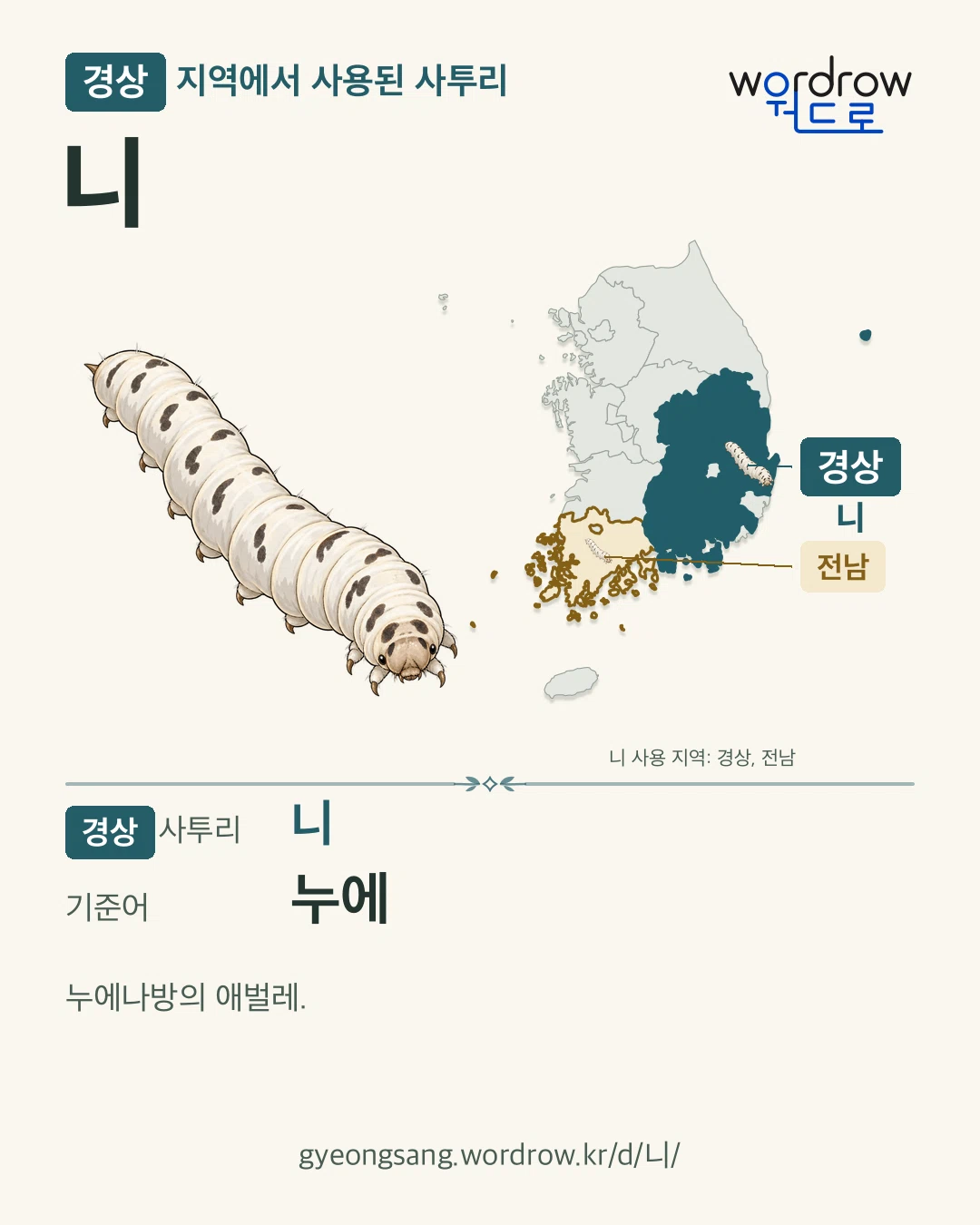 경상 지역에서 사용된 사투리 ‘니’. 기준어: 누에. 기록 지역을 표시한 카툰 삽화와 지도 카드.