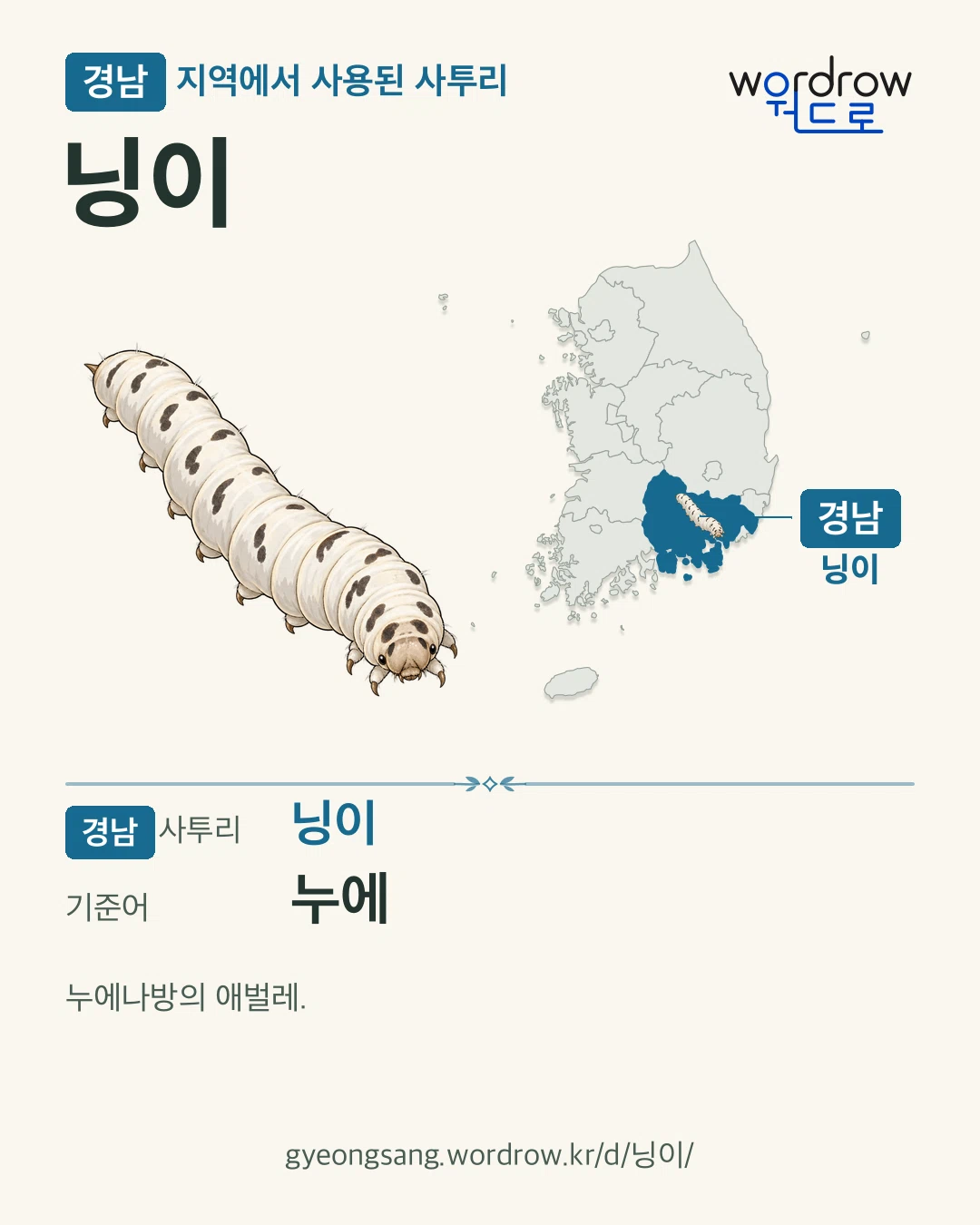 경남 지역에서 사용된 사투리 ‘닝이’. 기준어: 누에. 기록 지역을 표시한 카툰 삽화와 지도 카드.