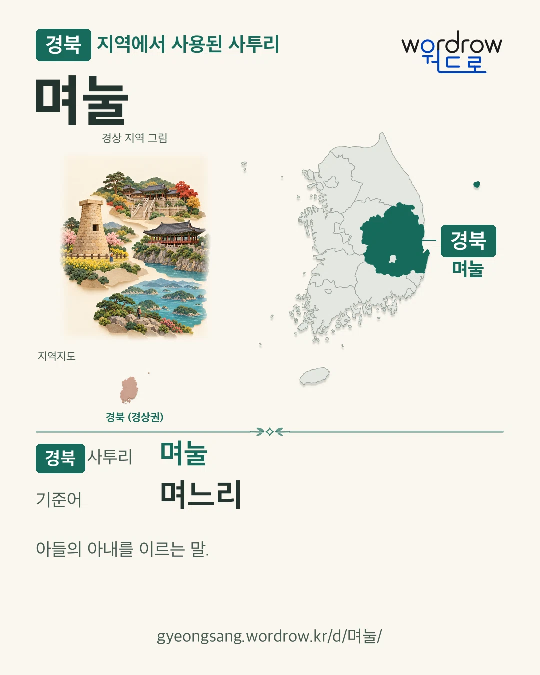 경북 지역에서 사용된 사투리 ‘며눌’. 기준어: 며느리. 기록 지역을 표시한 지역 그림과 지도 카드.