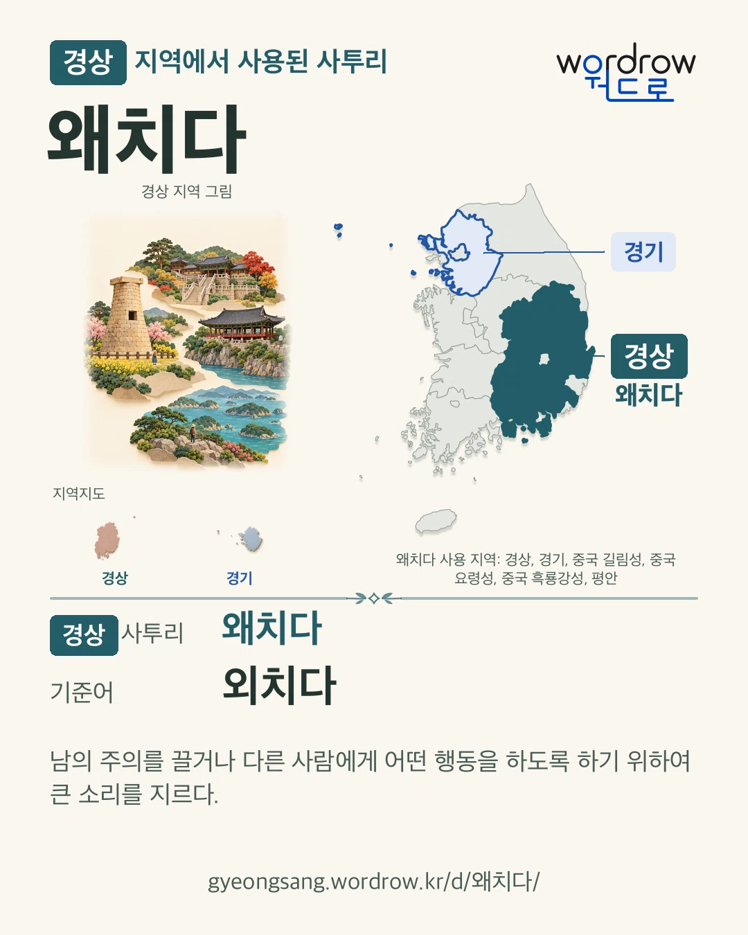 경상 지역에서 사용된 사투리 ‘왜치다’. 기준어: 외치다. 기록 지역을 표시한 지역 그림과 지도 카드.
