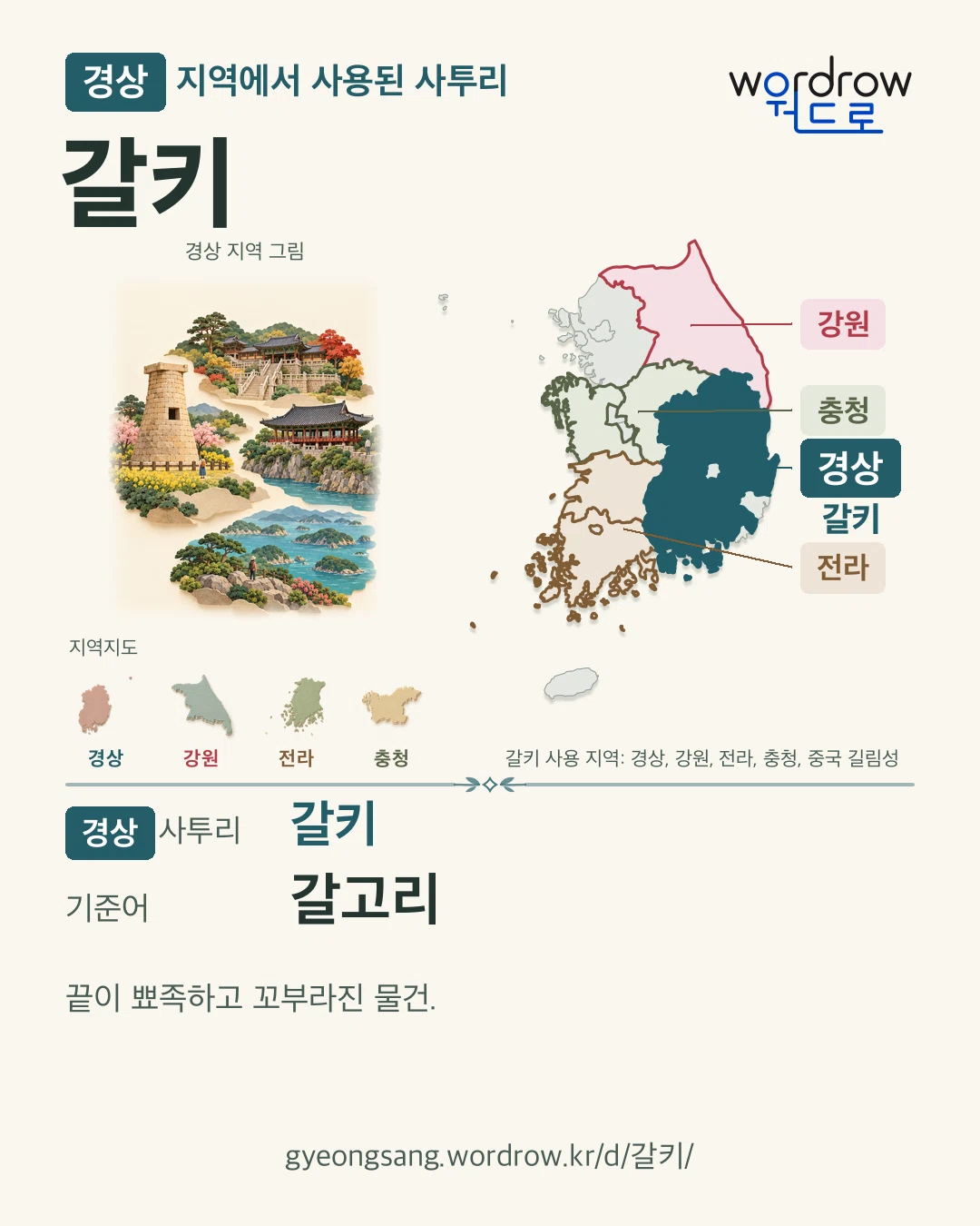 경상 지역에서 사용된 사투리 ‘갈키’. 기준어: 갈고리. 기록 지역을 표시한 지역 그림과 지도 카드.