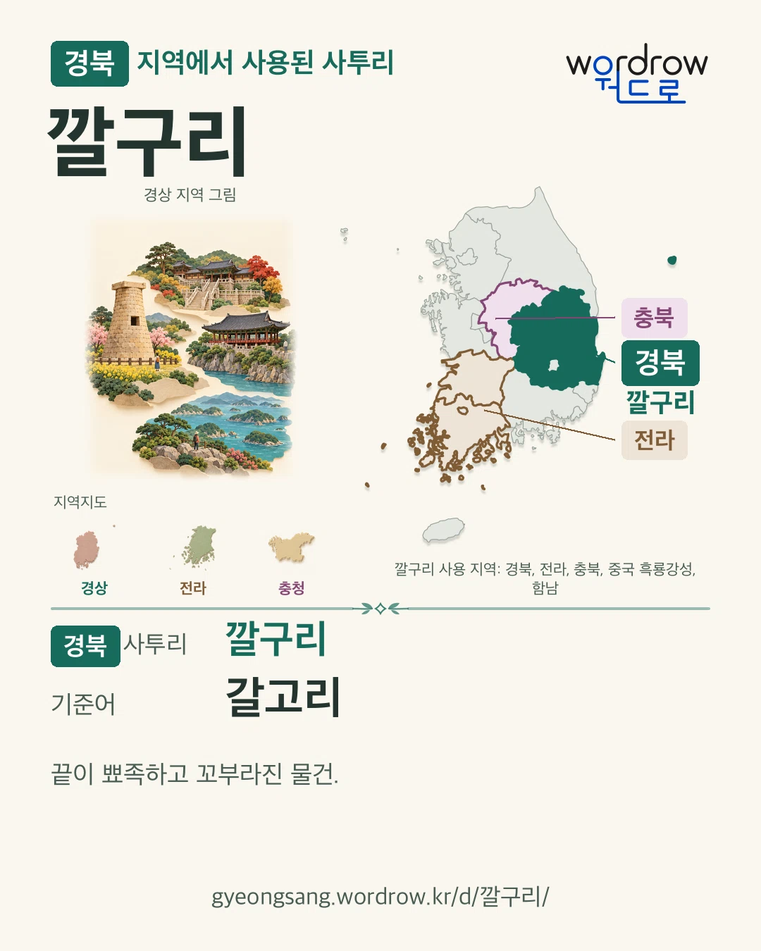 경북 지역에서 사용된 사투리 ‘깔구리’. 기준어: 갈고리. 기록 지역을 표시한 지역 그림과 지도 카드.