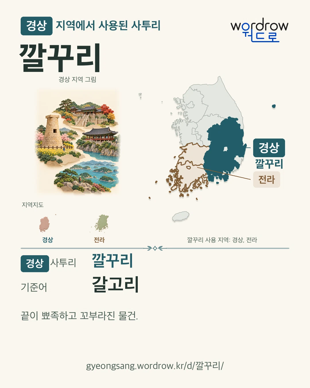 경상 지역에서 사용된 사투리 ‘깔꾸리’. 기준어: 갈고리. 기록 지역을 표시한 지역 그림과 지도 카드.