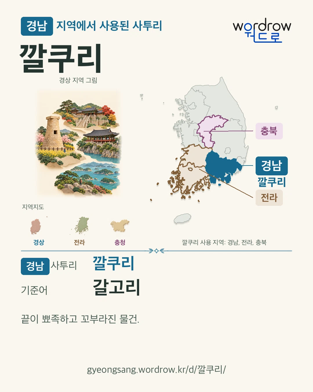경남 지역에서 사용된 사투리 ‘깔쿠리’. 기준어: 갈고리. 기록 지역을 표시한 지역 그림과 지도 카드.
