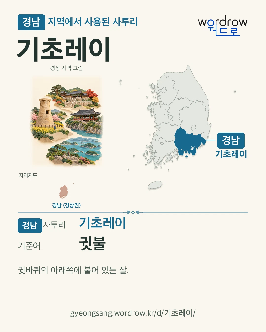 경남 지역에서 사용된 사투리 ‘기초레이’. 기준어: 귓불. 기록 지역을 표시한 지역 그림과 지도 카드.