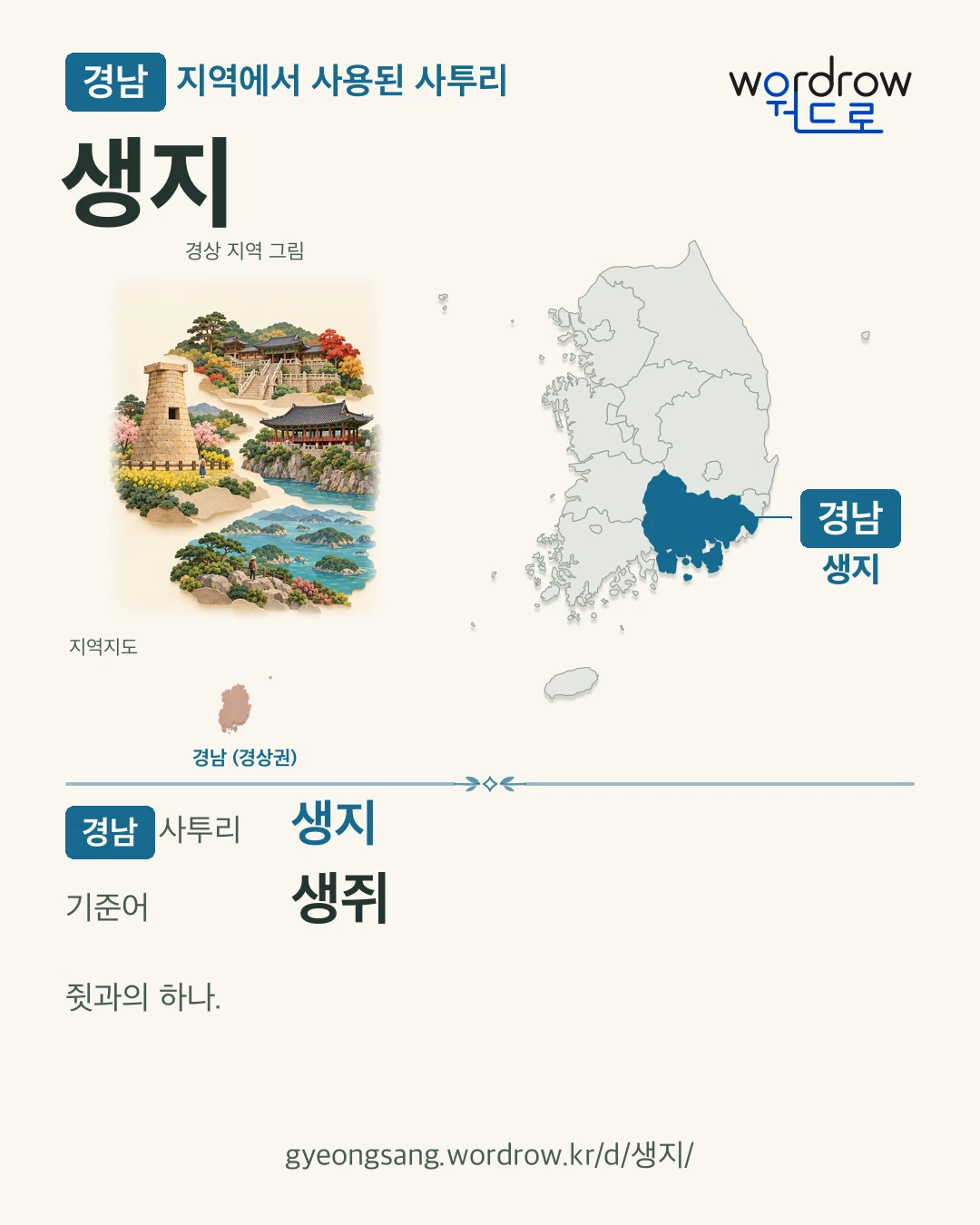 경남 지역에서 사용된 사투리 ‘생지’. 기준어: 생쥐. 기록 지역을 표시한 지역 그림과 지도 카드.