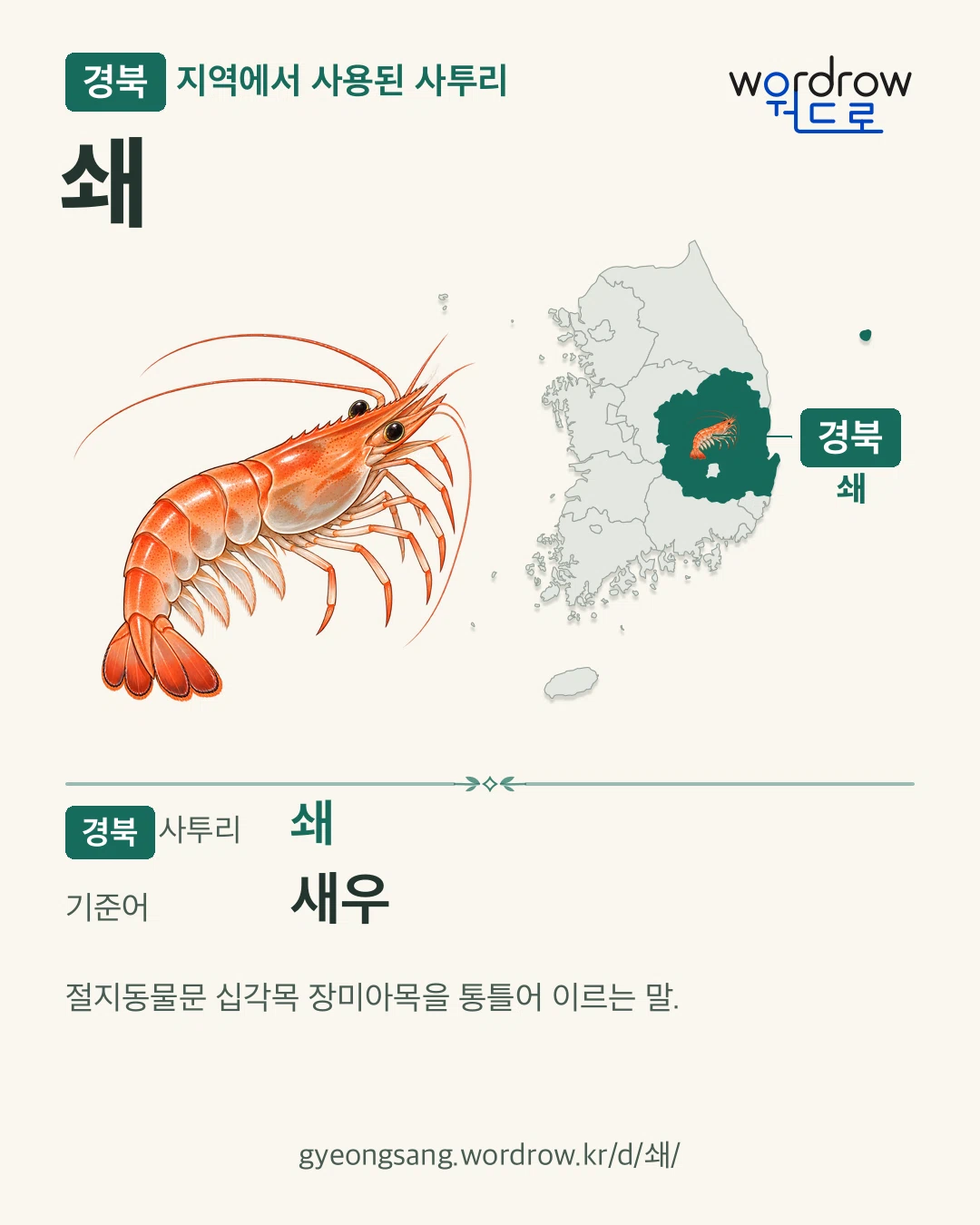 경북 지역에서 사용된 사투리 ‘쇄’. 기준어: 새우. 기록 지역을 표시한 카툰 삽화와 지도 카드.