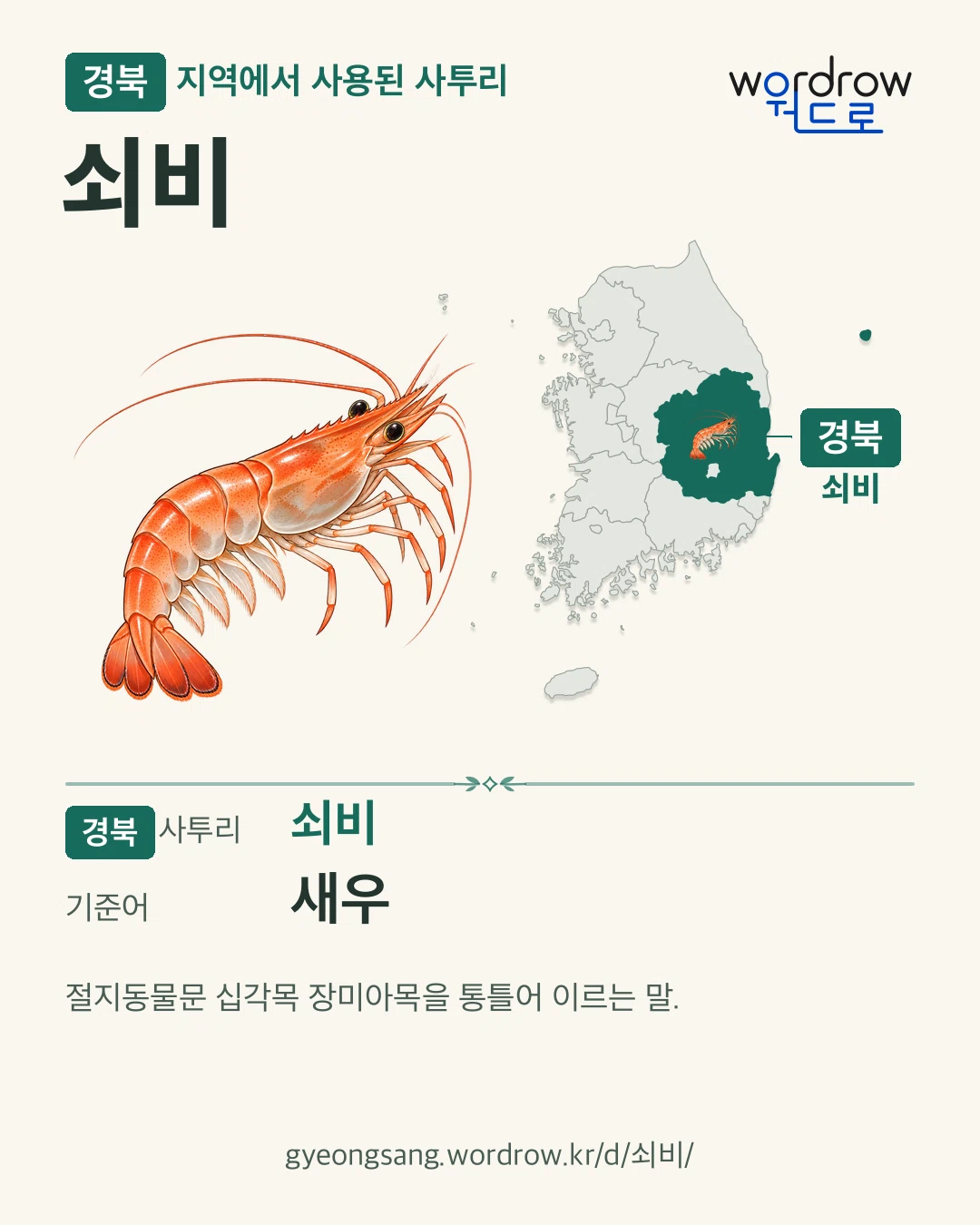 경북 지역에서 사용된 사투리 ‘쇠비’. 기준어: 새우. 기록 지역을 표시한 카툰 삽화와 지도 카드.