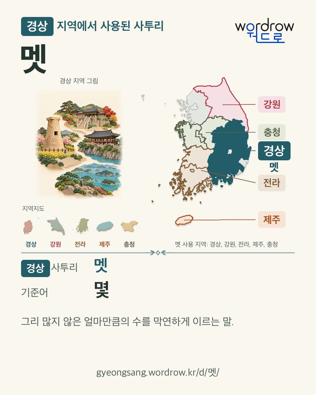 경상 지역에서 사용된 사투리 ‘멧’. 기준어: 몇. 기록 지역을 표시한 지역 그림과 지도 카드.