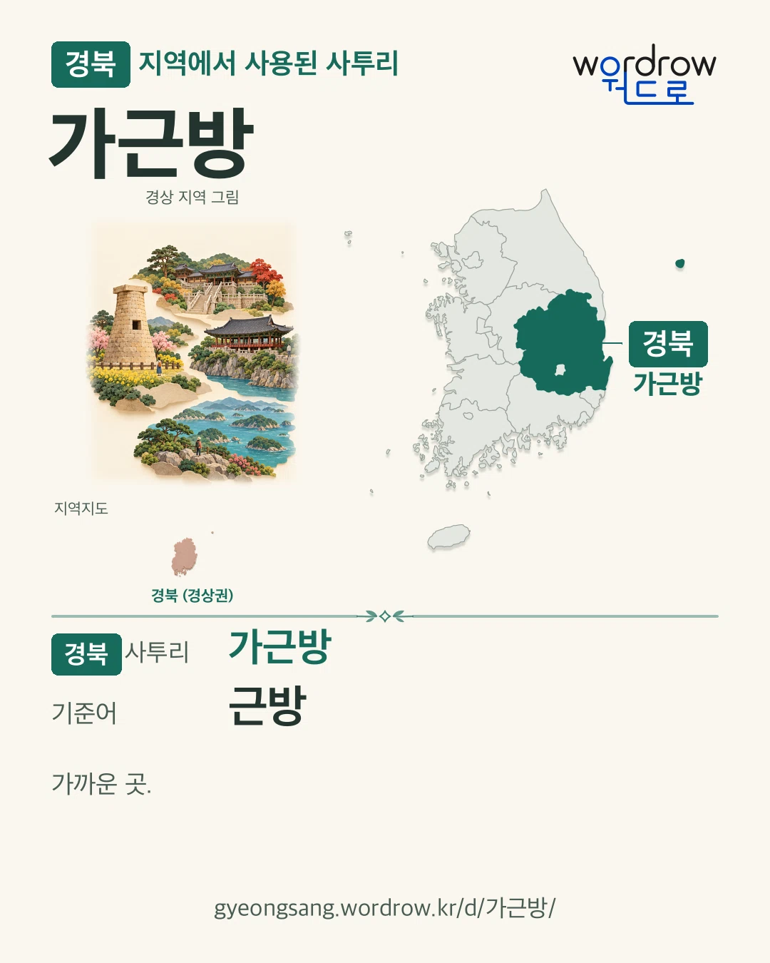 경북 지역에서 사용된 사투리 ‘가근방’. 기준어: 근방. 기록 지역을 표시한 지역 그림과 지도 카드.