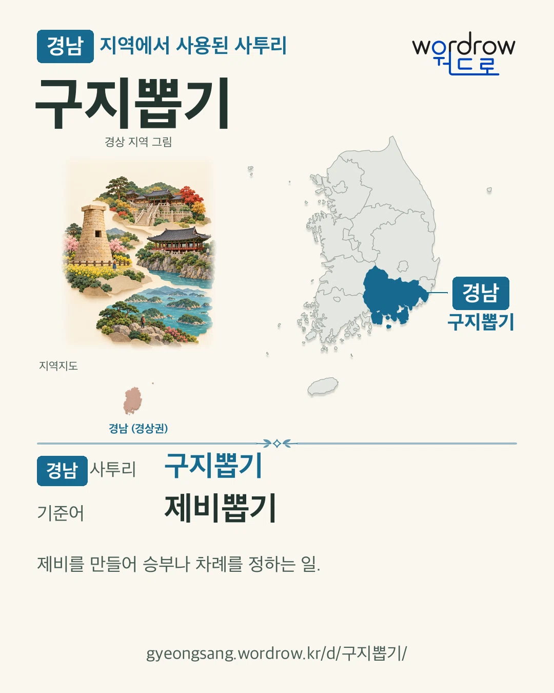 경남 지역에서 사용된 사투리 ‘구지뽑기’. 기준어: 제비뽑기. 기록 지역을 표시한 지역 그림과 지도 카드.