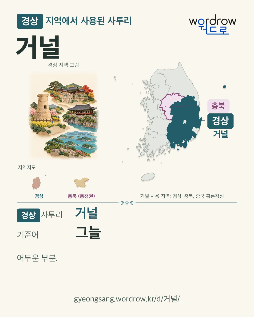 경상 지역에서 사용된 사투리 ‘거널’. 기준어: 그늘. 기록 지역을 표시한 지역 그림과 지도 카드.