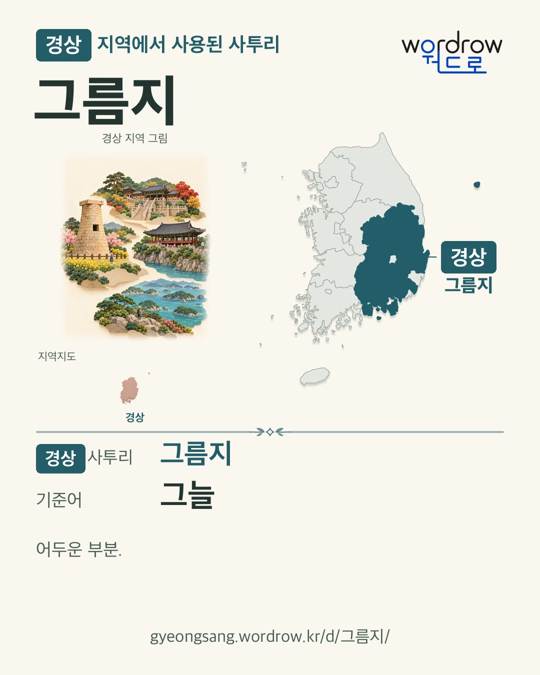 경상 지역에서 사용된 사투리 ‘그름지’. 기준어: 그늘. 기록 지역을 표시한 지역 그림과 지도 카드.