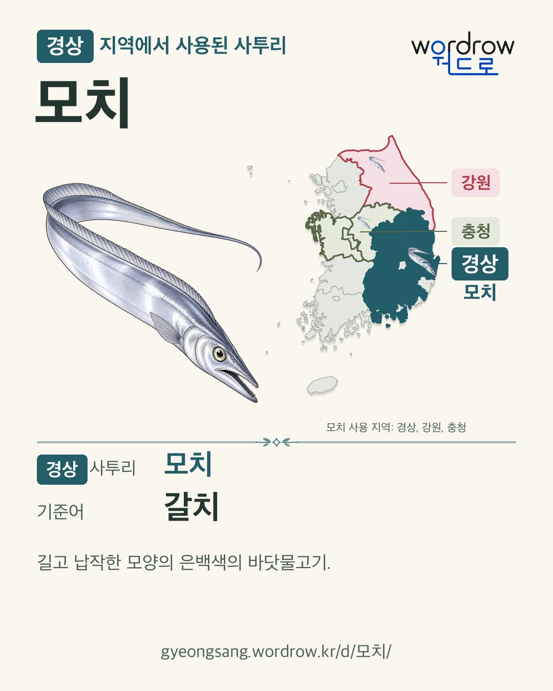 경상 지역에서 사용된 사투리 ‘모치’. 기준어: 갈치. 기록 지역을 표시한 카툰 삽화와 지도 카드.