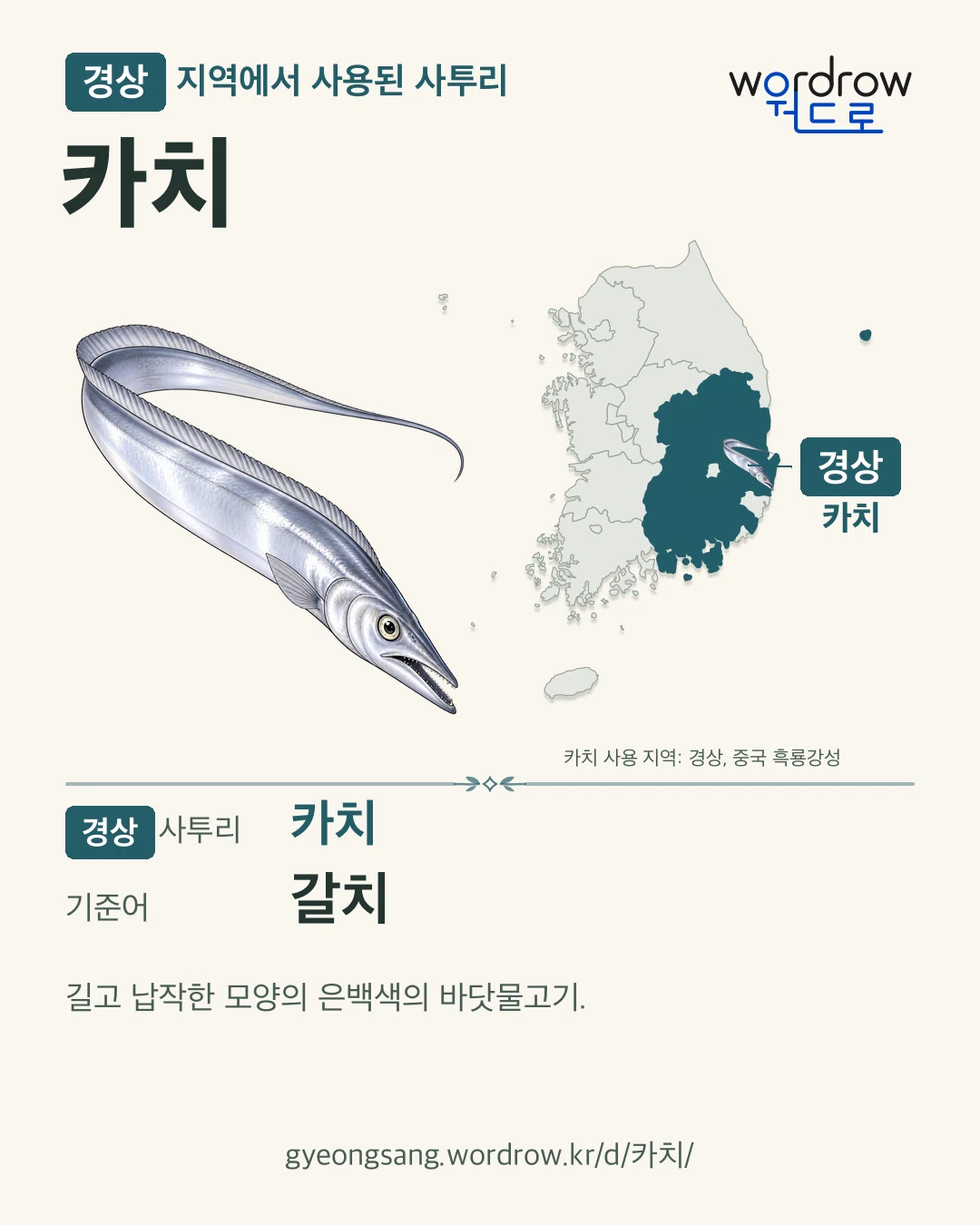 경상 지역에서 사용된 사투리 ‘카치’. 기준어: 갈치. 기록 지역을 표시한 카툰 삽화와 지도 카드.