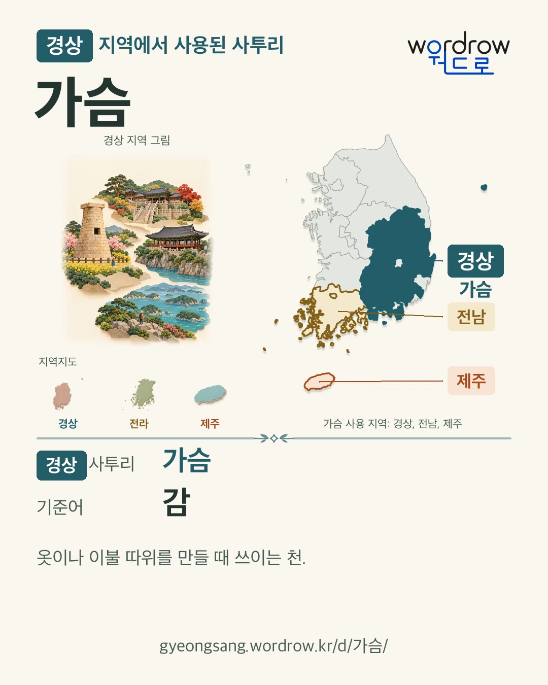 경상 지역에서 사용된 사투리 ‘가슴’. 기준어: 감. 기록 지역을 표시한 지역 그림과 지도 카드.