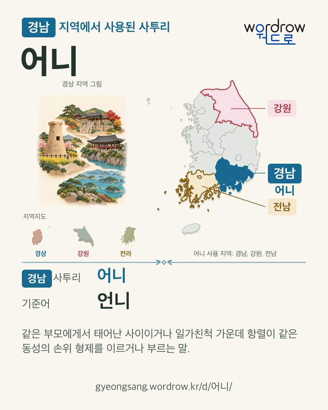 경남 지역에서 사용된 사투리 ‘어니’. 기준어: 언니. 기록 지역을 표시한 지역 그림과 지도 카드.