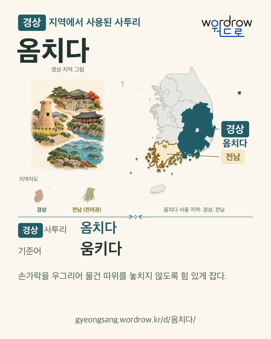 경상 지역에서 사용된 사투리 ‘옴치다’. 기준어: 움키다. 기록 지역을 표시한 지역 그림과 지도 카드.
