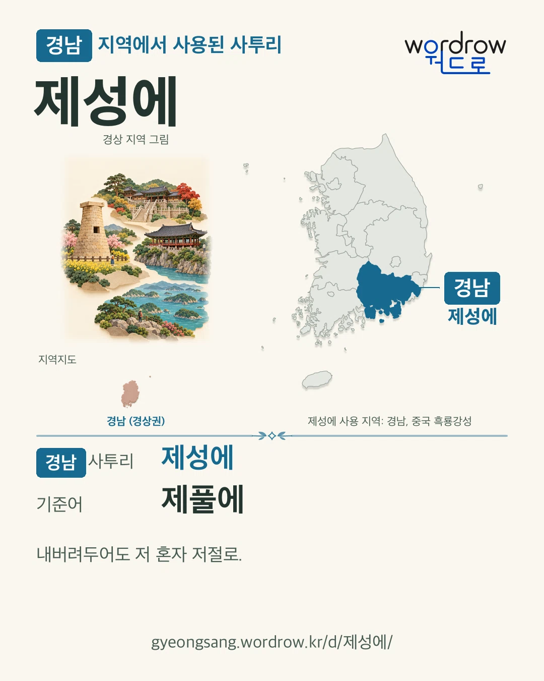 경남 지역에서 사용된 사투리 ‘제성에’. 기준어: 제풀에. 기록 지역을 표시한 지역 그림과 지도 카드.