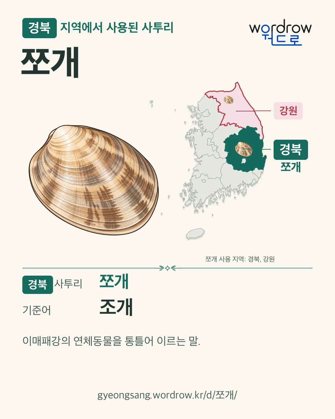 경북 지역에서 사용된 사투리 ‘쪼개’. 기준어: 조개. 기록 지역을 표시한 카툰 삽화와 지도 카드.