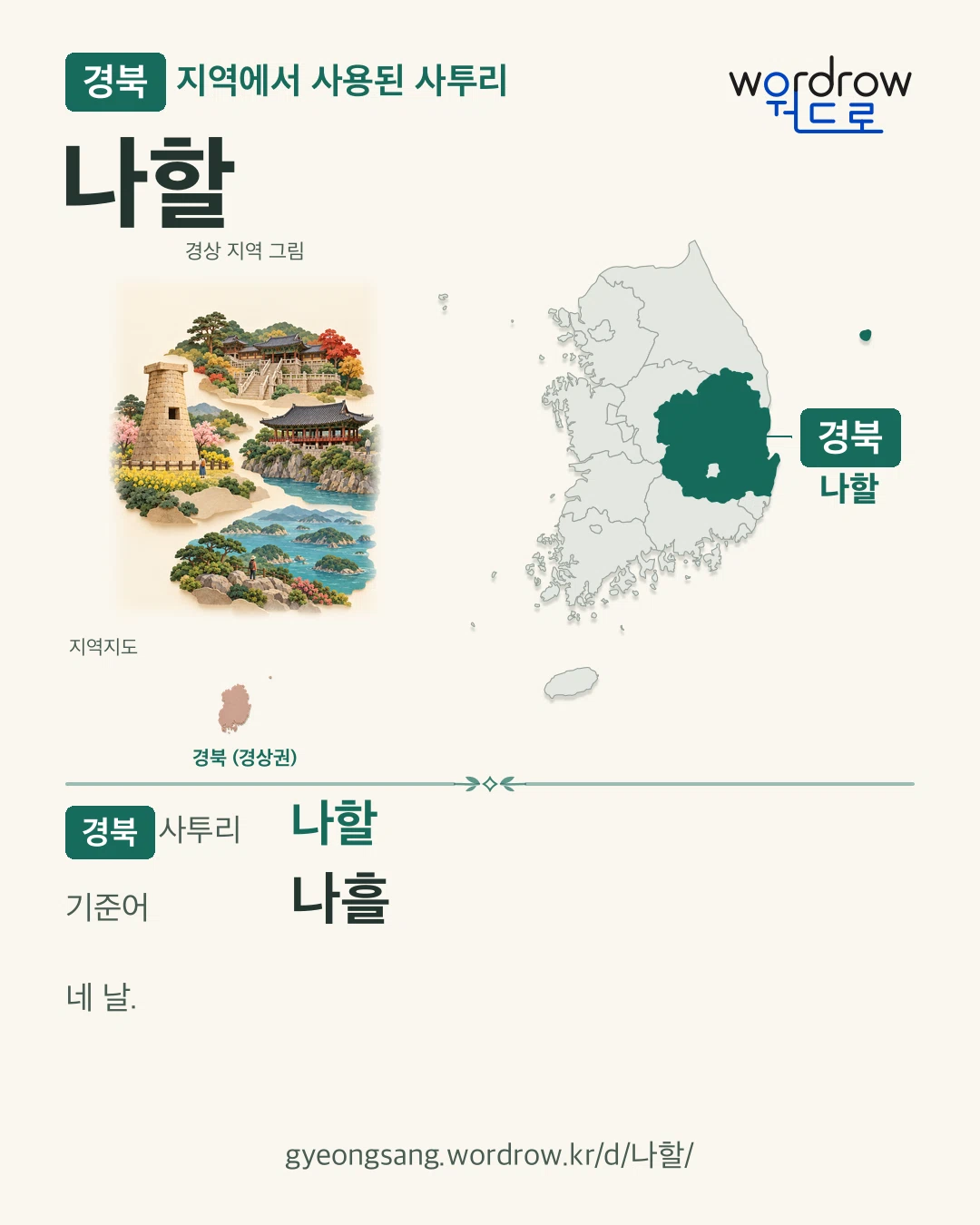 경북 지역에서 사용된 사투리 ‘나할’. 기준어: 나흘. 기록 지역을 표시한 지역 그림과 지도 카드.