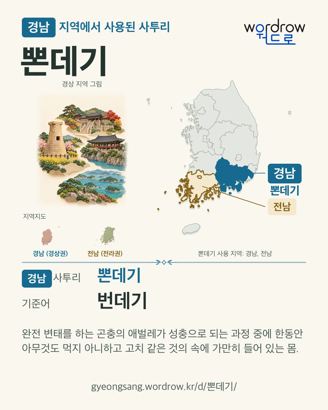 경남 지역에서 사용된 사투리 ‘뽄데기’. 기준어: 번데기. 기록 지역을 표시한 지역 그림과 지도 카드.